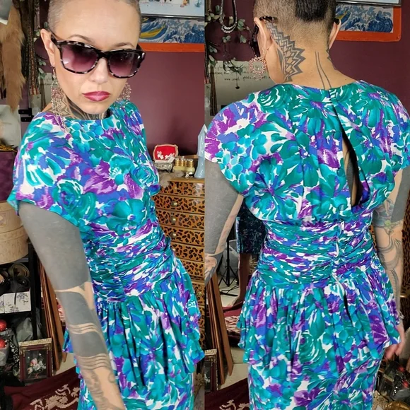 Vintage All That Jazz 1980s Floral Dress Womens XS Ruched Waist Peplum 80s 90s - Picture 3 of 6